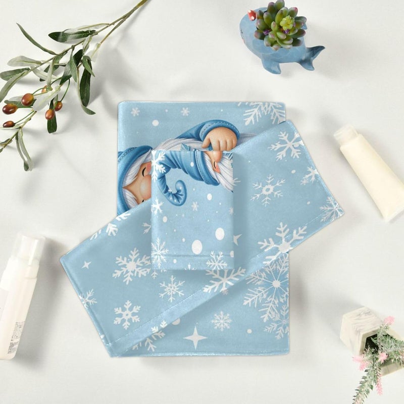 Dussdil Blue Winter Gnome Snowflakes Bathroom Towel Set of 3 Pcs Hand Fingertip Towels 1 Bath Towel 1 Hand Towel 1 Washcloth for Home Bathroom Beach Swim Soft Highly Absorbent Multipurpose Decor - Image 5